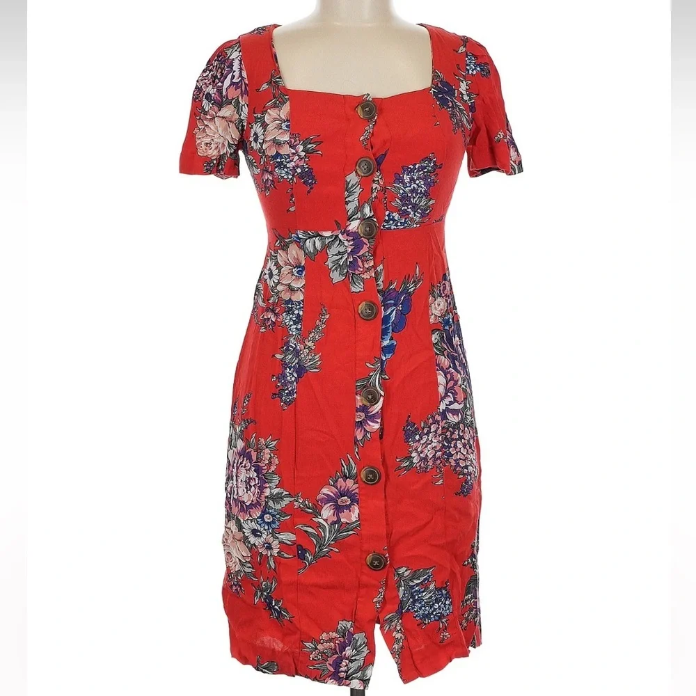 Anthropologie Maeve Caldwell Buttondown Dress Floral Red Boho Size 0 XXS XS